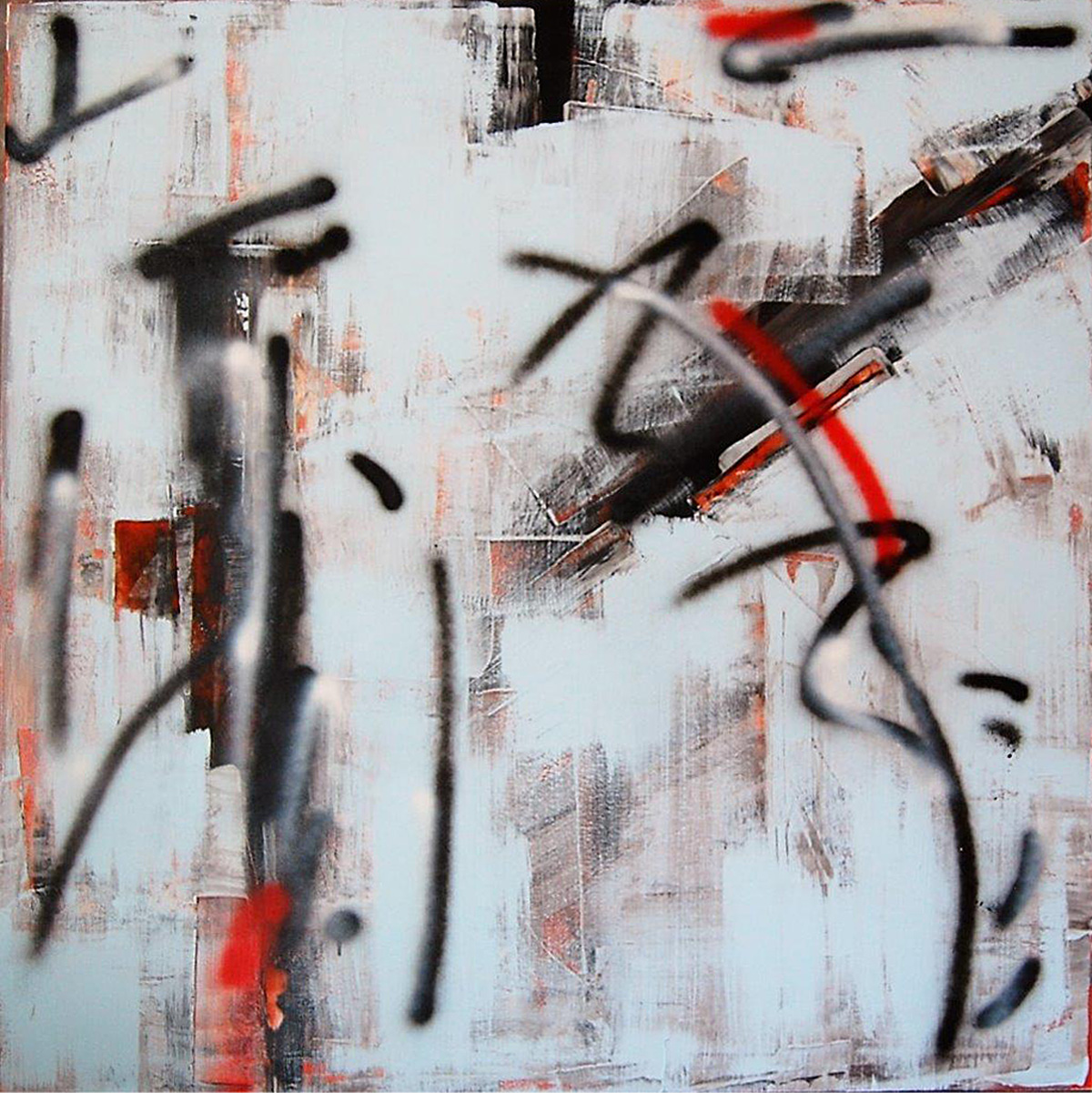 Abstrakt hellblau/rot 110 x 110 cm Lasur, Acryl 1.150,00€